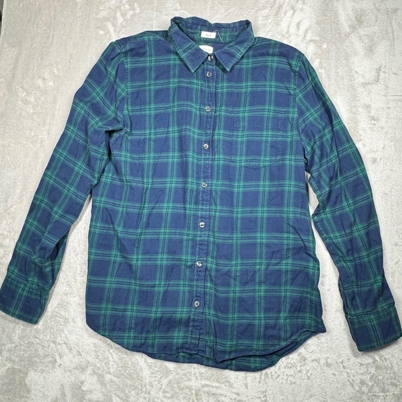 J.Crew Factory Women’s Lightweight Flannel Boy Fit Green Blue Plaid Button Top L - Picture 1 of 13